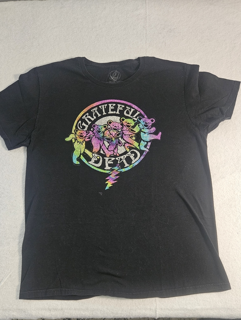 Grateful Dead Black Tee with Rainbow Glitter Dancing Bears